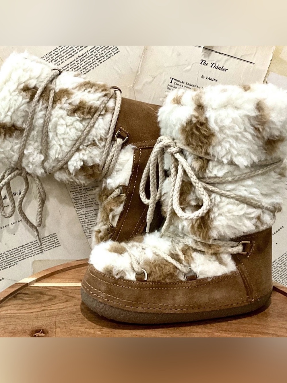 Free People Inuikii Teddy High Snow Boots Fuzzy Wool Lined Lace Up Tan